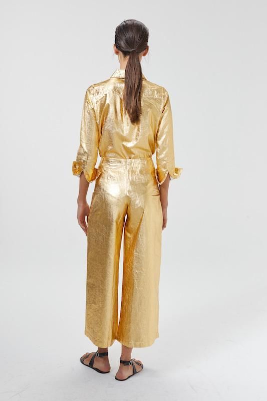 Pantalon Culotte en Lino Metalizado - Dorado dorado m