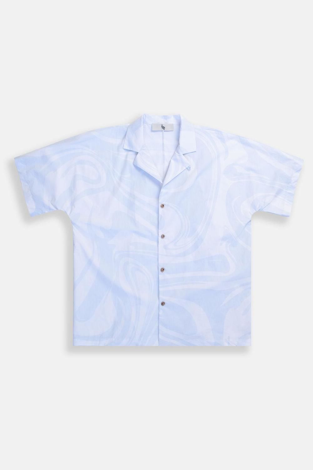 CAMP-COLLAR MARBLE BOXY SHIRT celeste m