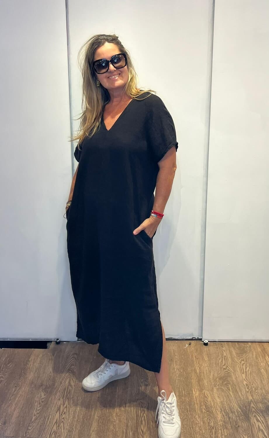 Vestido V Lino Negro negro talle unico