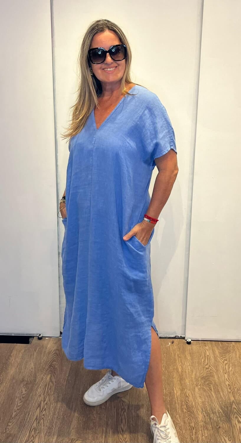 Vestido V Lino Sky Blue celeste talle unico