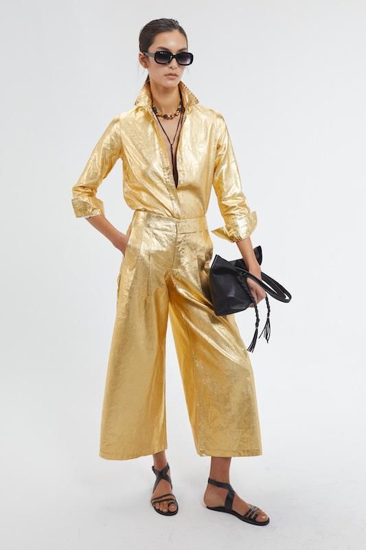 Pantalon Culotte en Lino Metalizado - Dorado dorado l