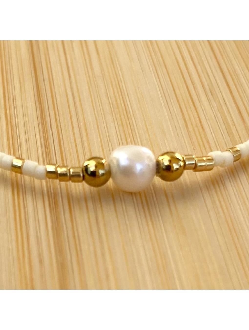 Pulsera ANGELA en acero, cuentas de vidrio y perla de rio beige n/a