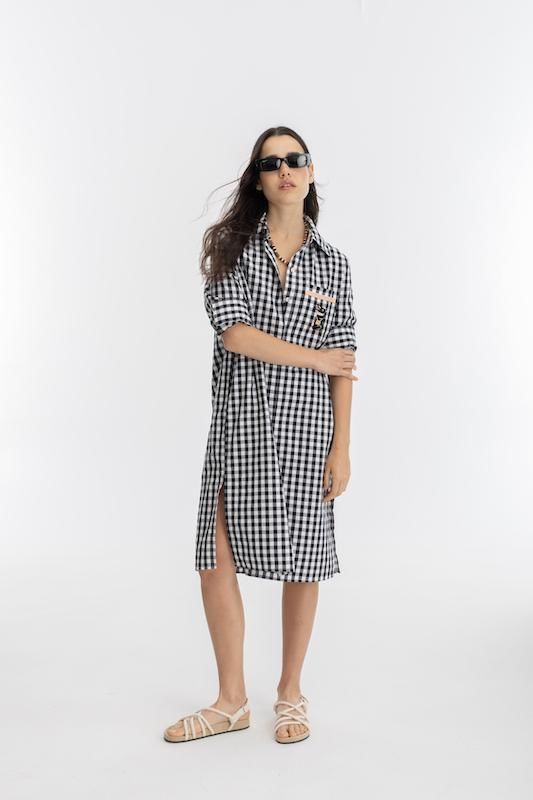 Vestido Camisero Coconut en Algodon - Vichy Blanco y Negro blanco s