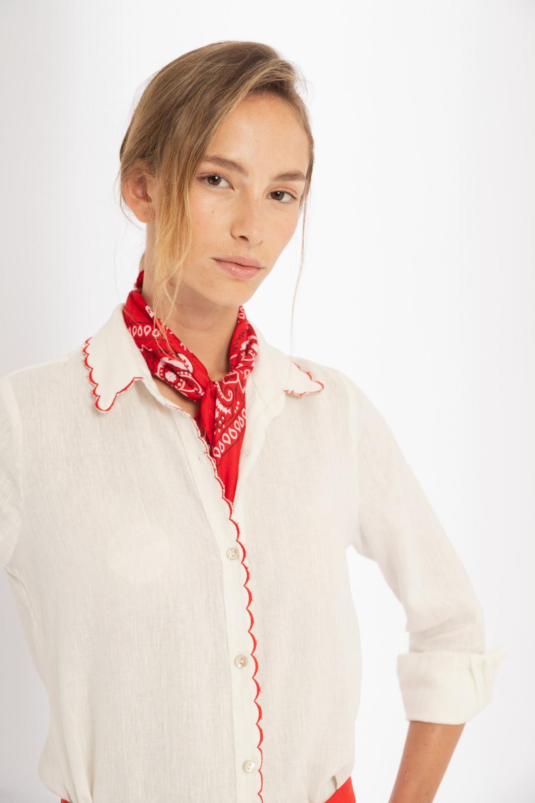 Camisa Don’t Worry en Lino - Blanco con bordados rojos blanco s