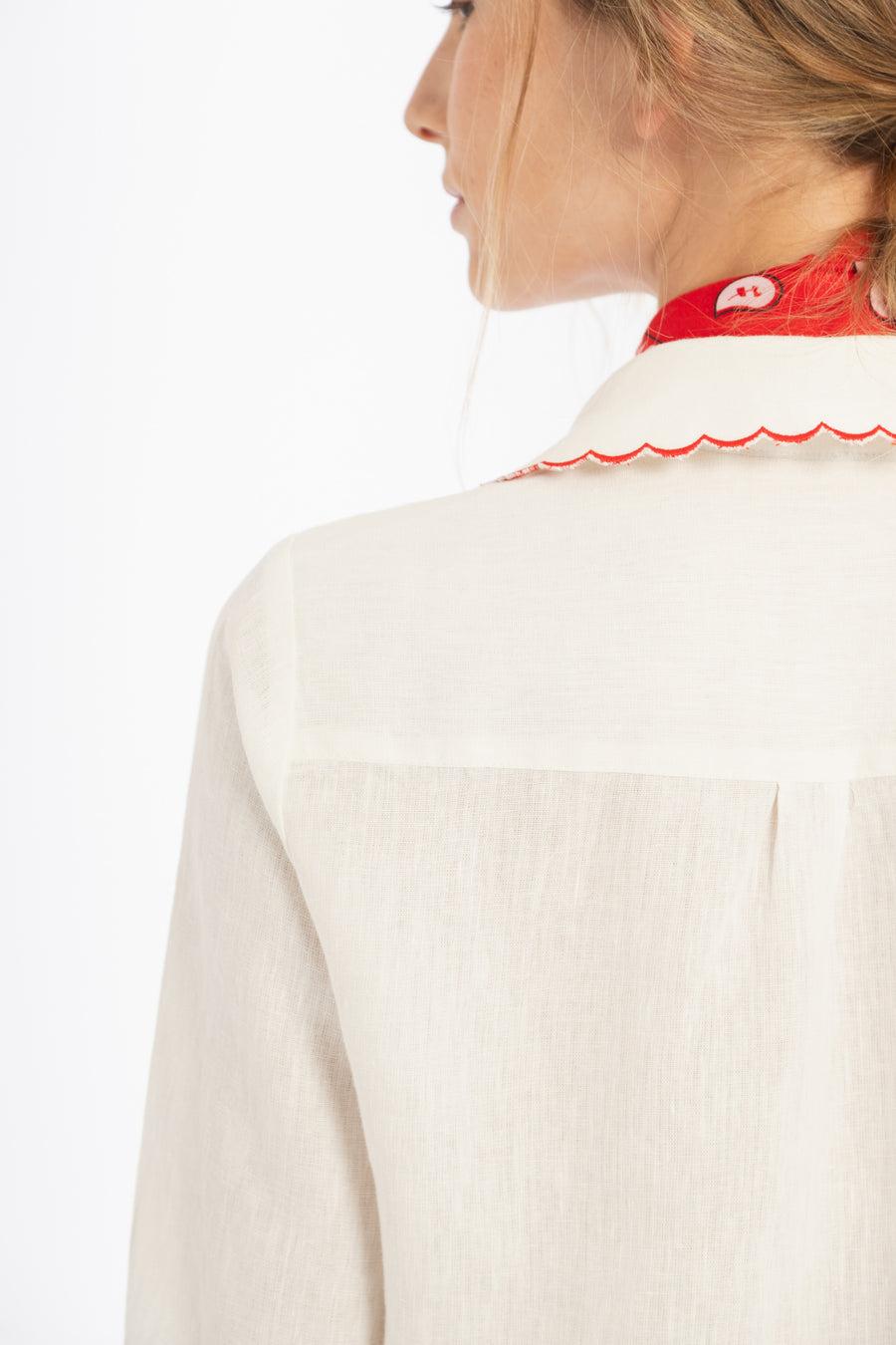 PRE VENTA |  Camisa Don’t Worry en Lino - Blanco con bordados rojos blanco xl